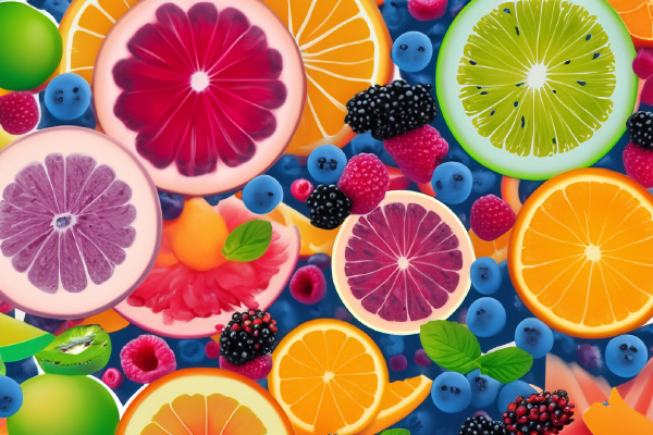 Vibrant images of exotic fruits like tropical fruits, berries, and citrus fruits, along with soft drink products featuring these fruity flavours.